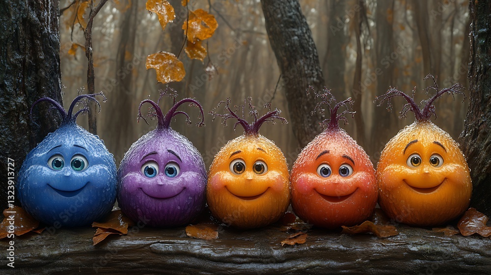 Fototapeta premium Five Cute Cartoon Characters in Autumn Forest Happy Faces 3D Render