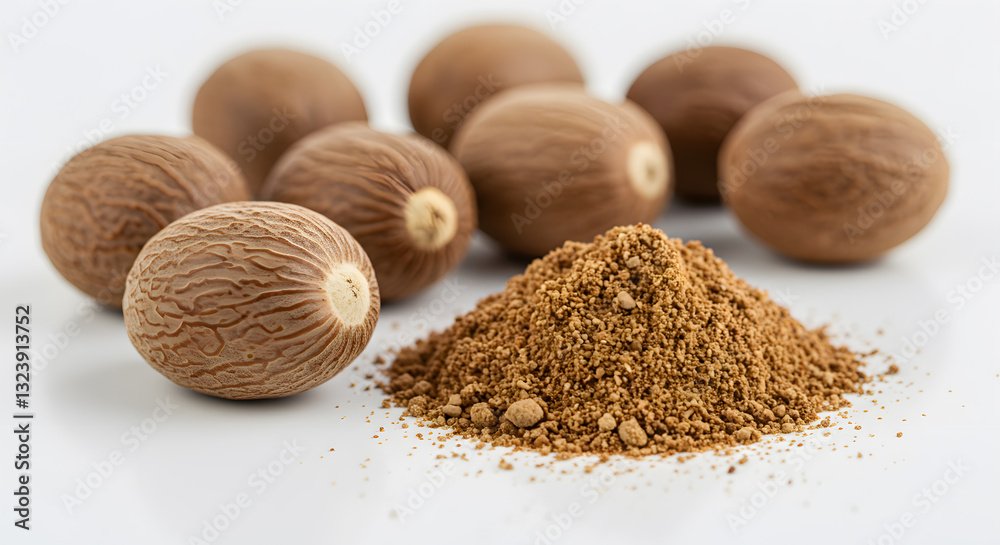 Whole and Ground Nutmeg Spice: Aromatic Brown Seeds and Powder on White Background Whole and Ground Nutmeg Spice: Aromatic Brown Seeds and Powder on White Background