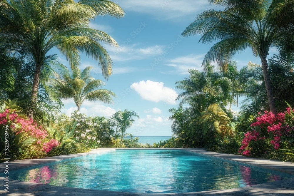 Fototapeta premium Tranquil tropical pool scene with ocean view.