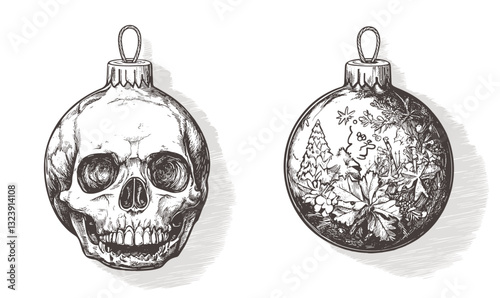 Christmas skull and floral ornament icons set - linear vector.