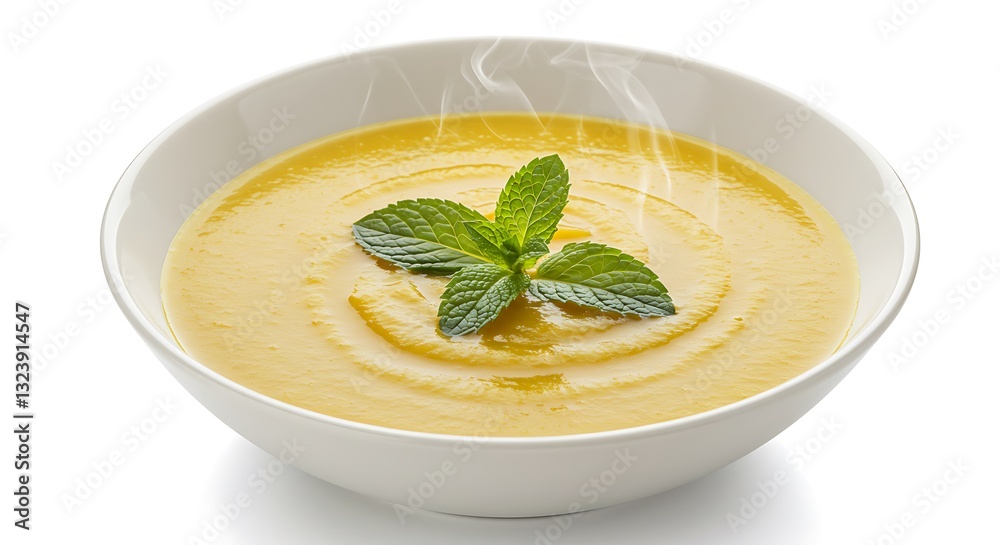 Hot Creamy Soup Garnished with Fresh Mint in a White Bowl Hot Creamy Soup Garnished with Fresh Mint in a White Bowl