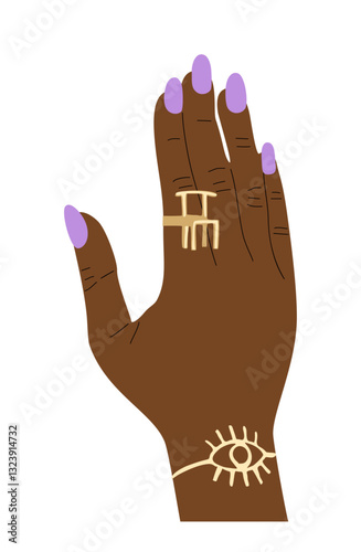 Black woman hand with gold authentic jewelry. Bracelet and ring on female hand, bright lilac nail manicure. Modern Jewelry, luxury accessories vector illustration isolated on transparent background.