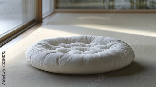 A pristine white circular cushion, meticulously designed for comfort and support, nestled on a cool, neutral gray surface, promising a haven of relaxation in the midst of the everyday.