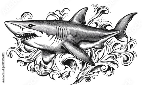 Fierce shark with ocean waves illustration, black and white design, linear icons set, vector.