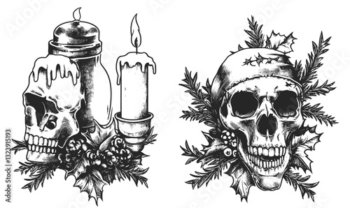 Skull candle and skull with holly and pine branches, vector, flat icons set.