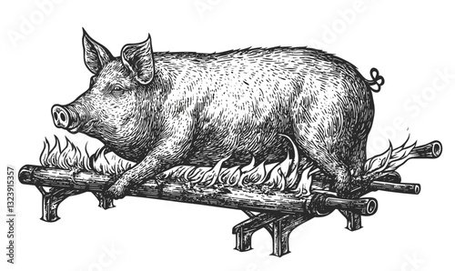 Roasting pig over flames on spit - rustic barbecue illustration, linear icons set.