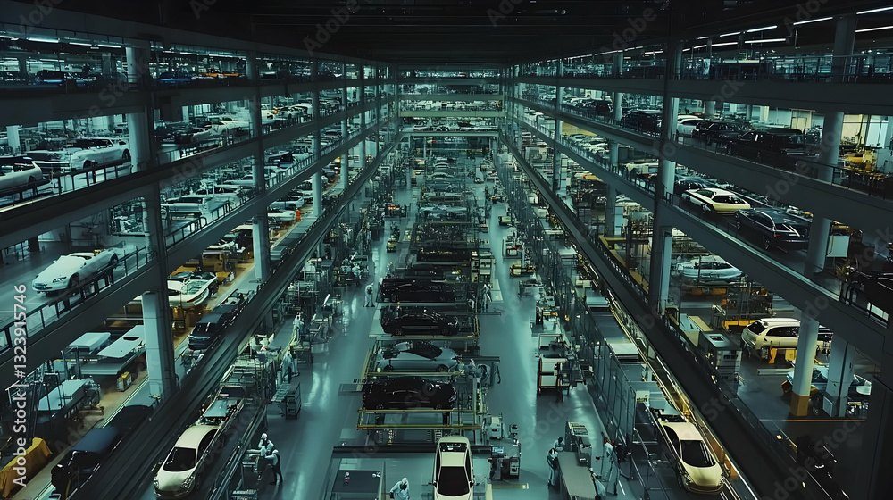 Automated car manufacturing factory with modern assembly line Automated car manufacturing factory with modern assembly line