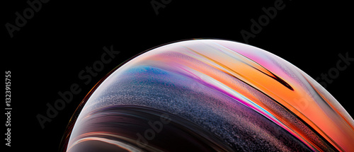 abstract iridescent sphere with swirling colors of orange blue and purple against a black background resembling a cosmic or futuristic planet
