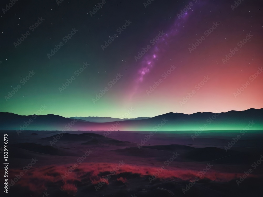 Fototapeta premium Vibrant Night Sky Over Alien Landscape With Stars and Colorful Aurora Borealis