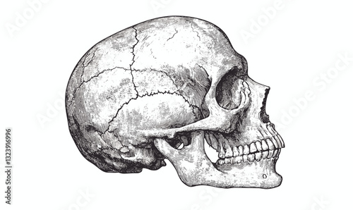 Detailed human skull side view, anatomy, black and white, vector, linear icons set.