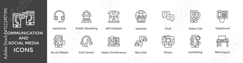 communication and social media icon set. with icon Public Speaking, communication, wifi hotspot, website, Chat, Video Call