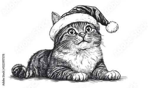 Cute cat wearing santa hat in linear style, festive christmas animal icons set vector.