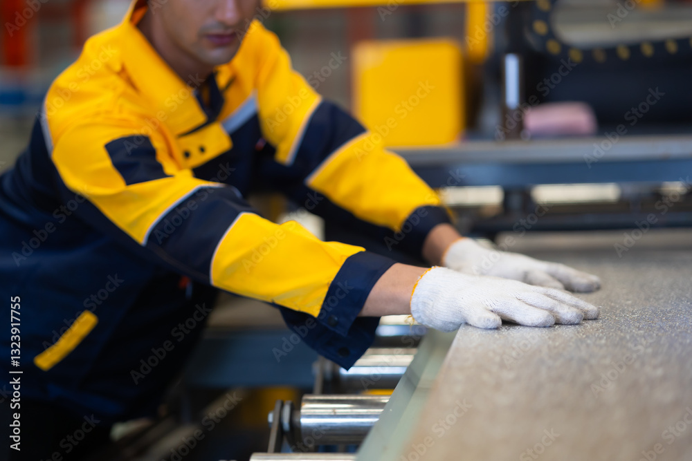 Close up hand with glove. Hispanic man worker in safety hardhat helmet at steel factory, metal sheets and industrial machinery in a large manufacturing plant. Close up hand with glove. Hispanic man worker in safety hardhat helmet at steel factory, metal sheets and industrial machinery in a large manufacturing plant.