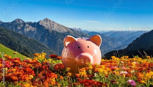Whimsical Piggy Bank in a Floral Meadow – Nature’s Beauty Meets Savings Concept
