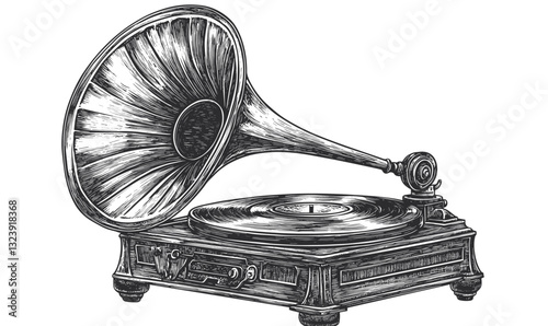 Vintage gramophone with vinyl record detailed linear icons set - vector.