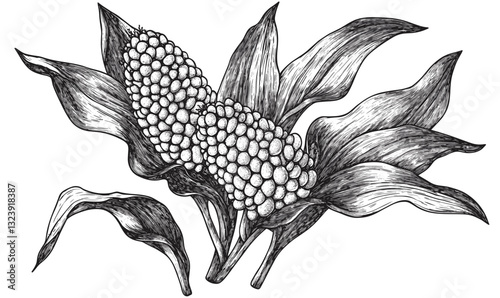 Exotic tropical leaves and fruits sketch - detailed botanical illustration icons set - linear vector.