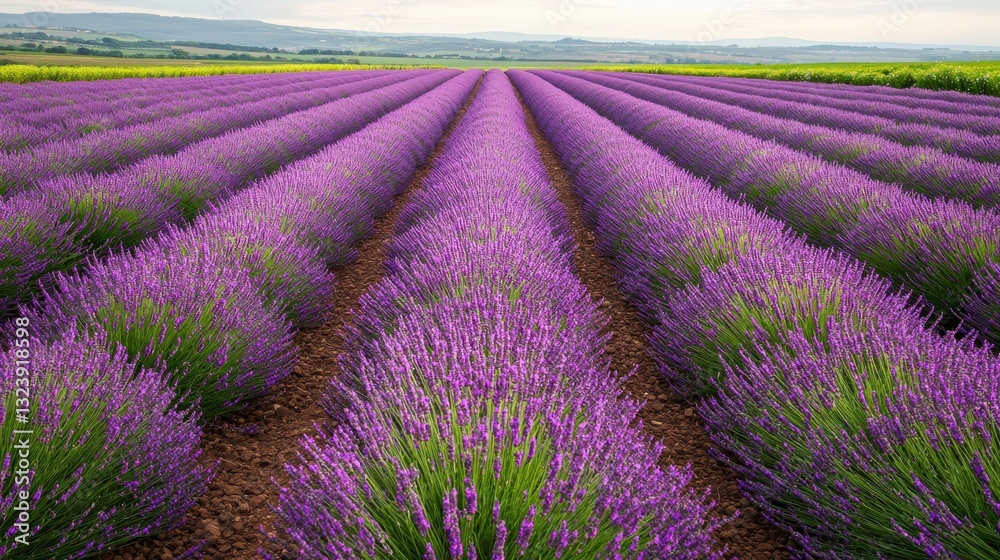 Obraz premium Lavender field in bloom. Rows of purple flowers stretching to the horizon. Serene landscape, agriculture, and natural beauty.