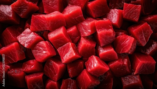 Freshly Cut Red Beef Cubes – Vibrant Color and Tender Texture in Focus