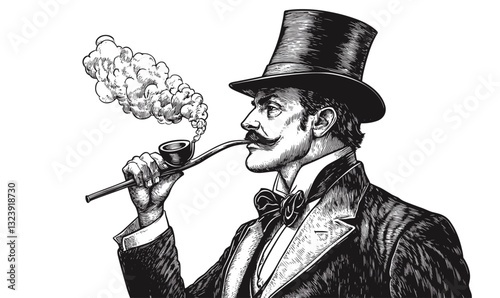 Victorian gentleman with pipe, top hat, mustache, smoking, vintage style icons set, linear vector.