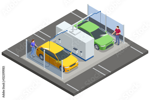Isometric automatic car wash station. Two people are washing their cars at an outdoor self-service car wash. The yellow and green vehicles are being cleaned using high-pressure hoses under a metal