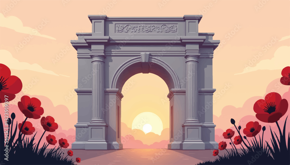 Fototapeta premium Archway at sunset with poppies in foreground