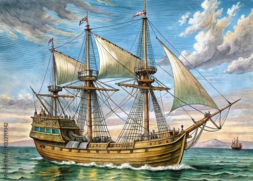 Mayflower Ship Drawing - Historical Illustration