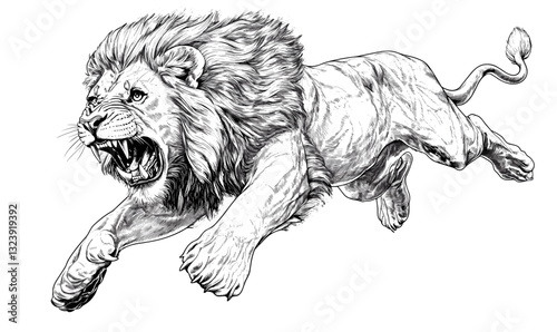 Fierce lion in mid-leap, detailed wild animal, linear icons set vector.
