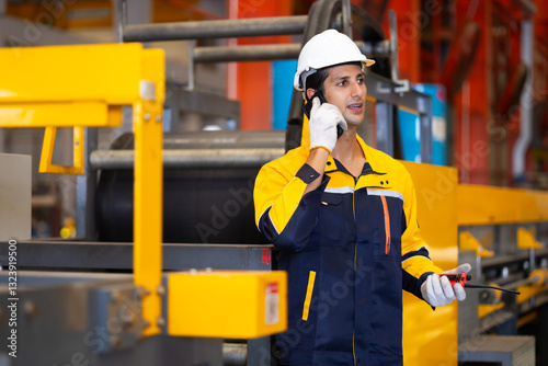 man hands using mobile phone. Hispanic man worker in safety hardhat helmet at steel factory, metal sheets and industrial machinery in a large manufacturing plant.
