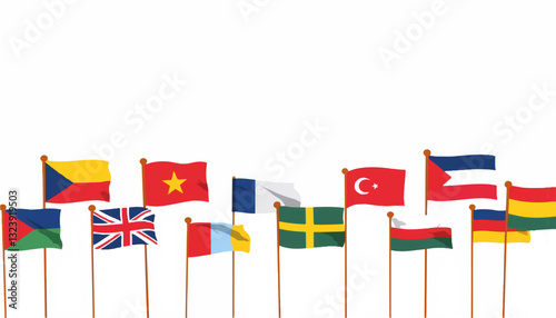 Illustration of various country flags on white background