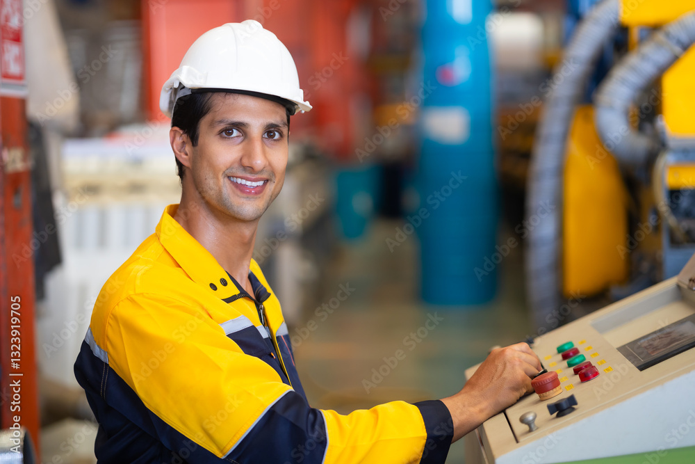 professional engineer worker working control sheet metal roof tile roll forming machine at metal sheet profiling factory. Industrial production. control panel button on manufacturing machine professional engineer worker working control sheet metal roof tile roll forming machine at metal sheet profiling factory. Industrial production. control panel button on manufacturing machine