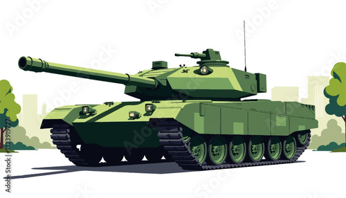 Green military tank in urban landscape