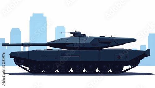 Military tank silhouette against urban skyline