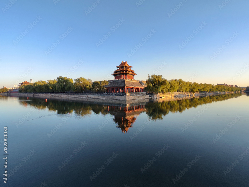 Beautiful water reflection of Forbidden City Corner Tower or Jiaolou in Beijing, China.