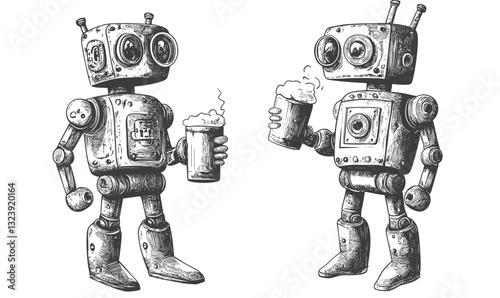 Two robots with beverages icons set, flat vector style.