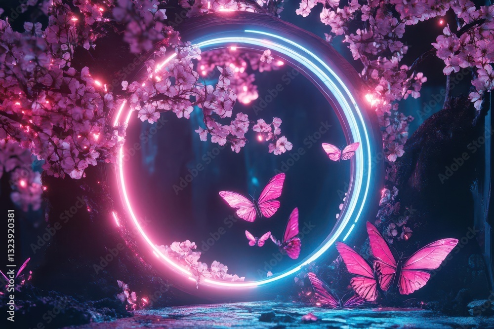 cyberpunk cherry blossom portal, vibrant pink petals swirling in circular gateway, electric blue neon trim illuminating night scene, holographic butterflies emerging from dimensional rift