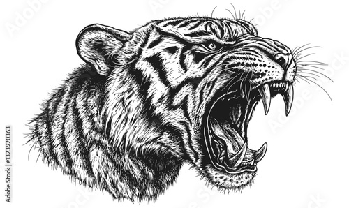 Fierce roaring tiger head in monochrome - linear vector icons set.