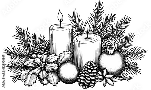 Christmas candle and pine arrangement illustration with holly and pinecones, linear, icons set.