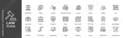 law icon set. with icon Legislation, Illegal, Lawyer, Legal Document, Justice