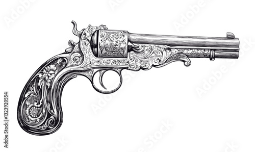 Ornate vintage revolver with intricate details, antique pistol illustration - linear icons set, vector.