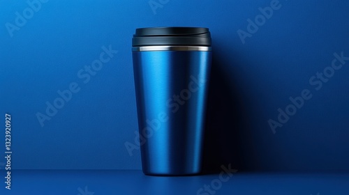 Wallpaper Mural A sleek, stainless steel blue insulated travel mug, its surface smooth and cool to the touch, sat majestically against a deep, solid blue backdrop, a symbol of warmth and comfort on the go. Torontodigital.ca