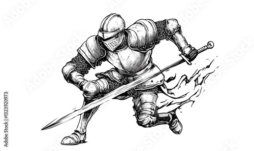 Medieval knight in battle pose with sword, flat icons set, linear vector.