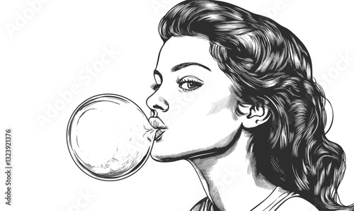 Woman blowing bubblegum with retro hairstyle and facial expression - linear icons set vector.