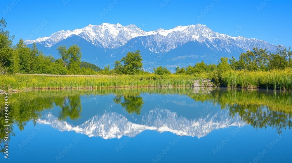 Majestic snow-capped mountains reflecting in serene blue lake Majestic snow-capped mountains reflecting in serene blue lake