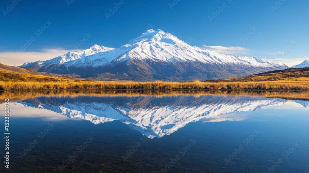 Naklejka premium Majestic Snow-Capped Mountain Reflected in Calm Mirror Lake