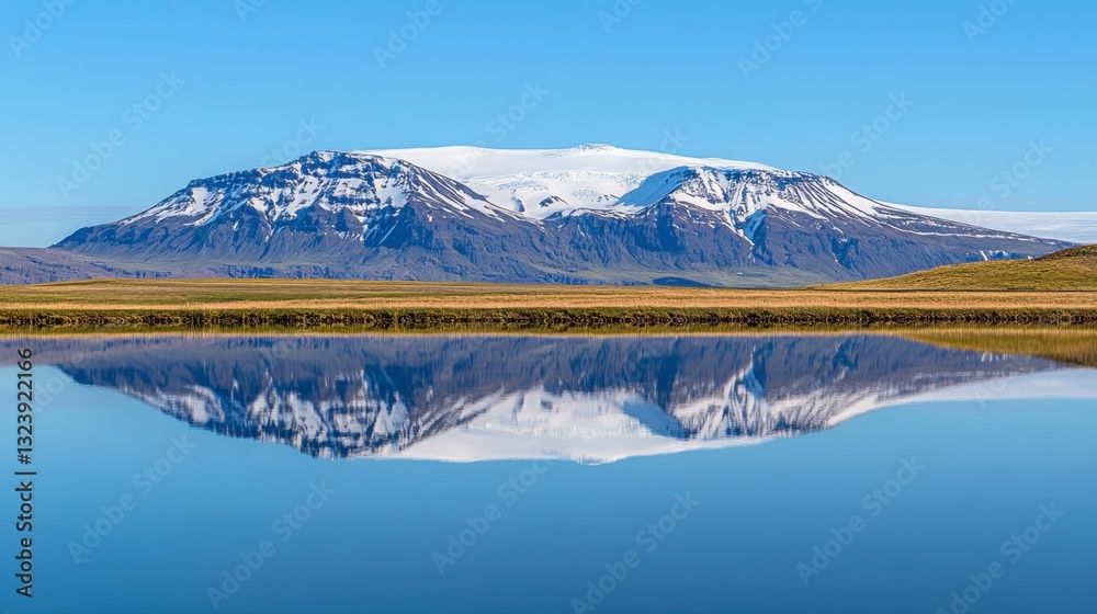 Majestic Mountain Reflection in Calm Lake Under Clear Blue Sky Majestic Mountain Reflection in Calm Lake Under Clear Blue Sky