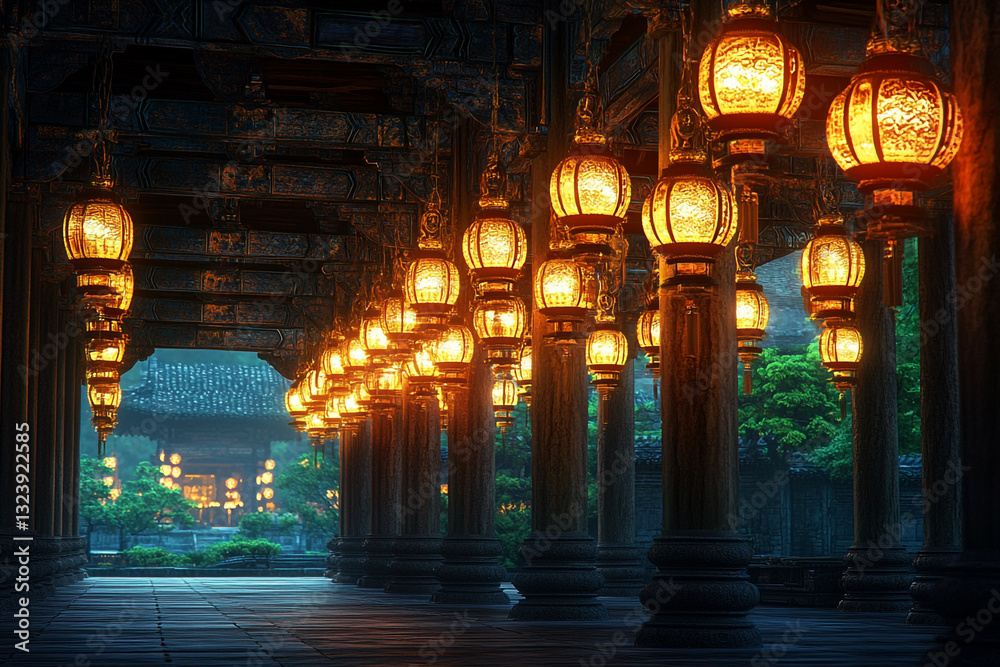 Fototapeta premium Timeless Tranquility: A Sacred Space Bathed in Warm Lantern Light