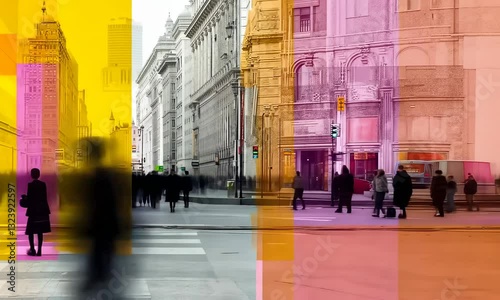 People silhouettes walking in city, soft motion, abstract background postmodernism style 