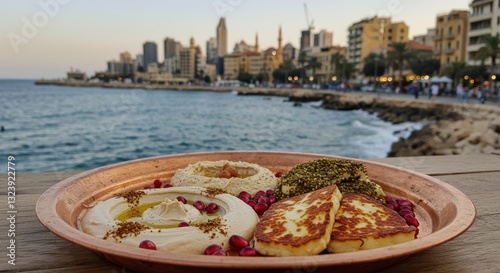 Food Plate with Hummus and Cheese Near City Coastline View