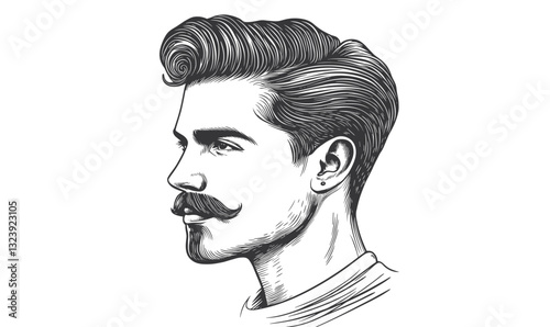 Stylish man with moustache and pompadour hairstyle, side profile icons set, linear vector.