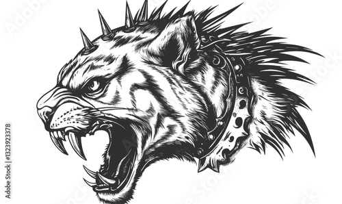 Fierce roaring tiger with spiked collar, black and white art, tattoo style icons set - linear vector.